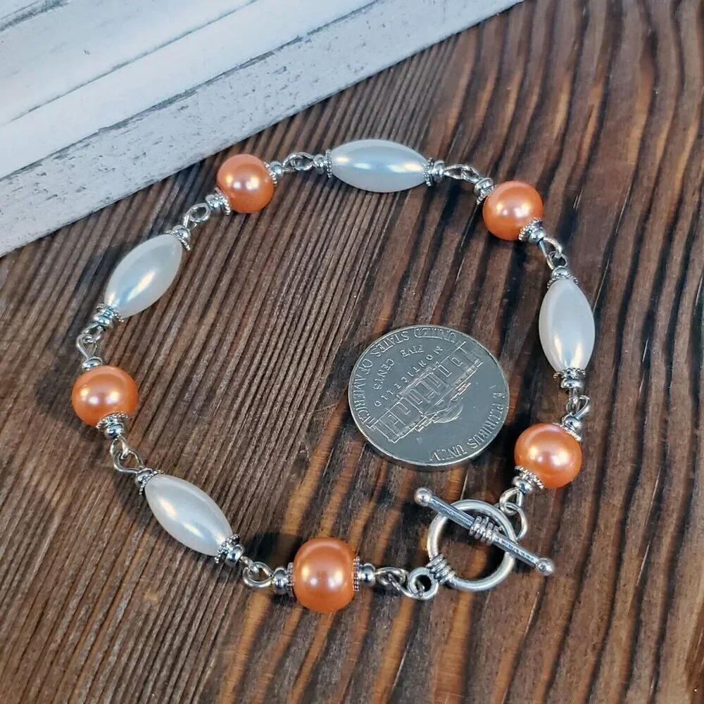 Glass Pearl Bracelet Silver White Orange Peach